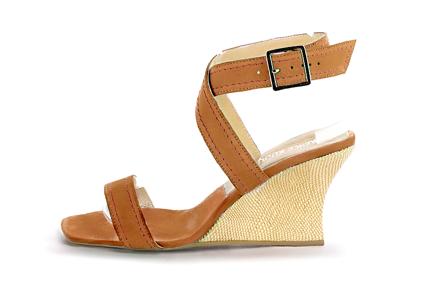Women's camel beige elegant fully open cross straps sandals. Square toe. High wedge heels - Profile view